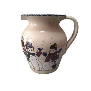 HOME AND GARDEN POTTERY PITCHER SNOWMEN/BIRDS  8 INCH STONEWARE CB3